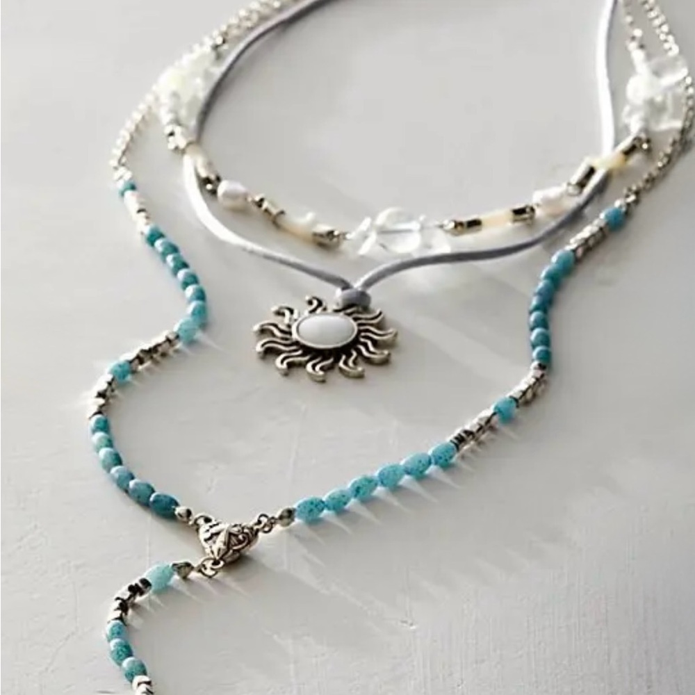 Free People One With The Sun Blue Layered Necklace Sunburst Pendant Beaded Chain - Picture 2 of 13